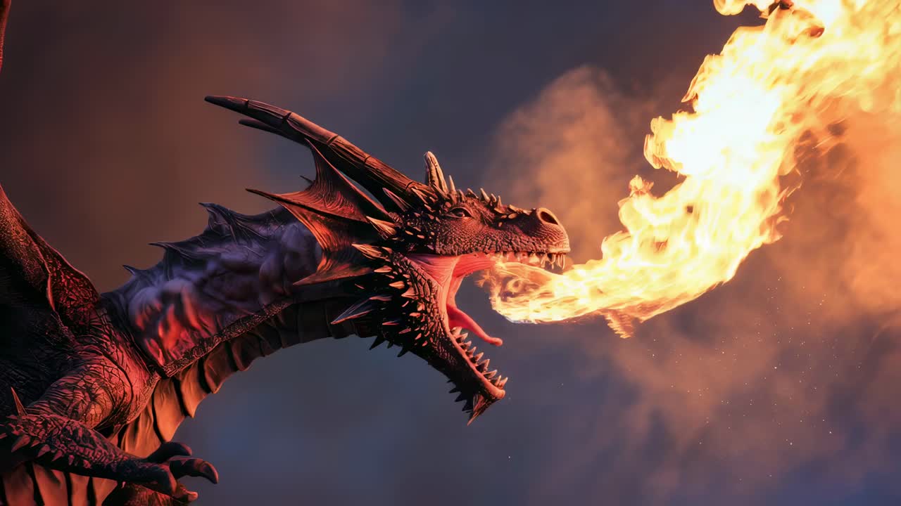 Mythical dragon unleashing fiery breath while soaring through dramatic sunset sky, powerful wings cutting across vibrant orange red cloudscape with epic, legendary intensity