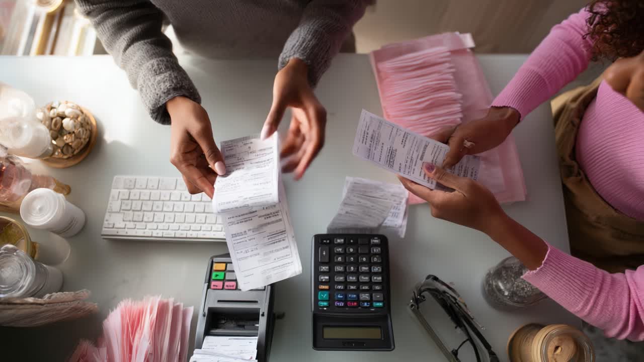 Analyzing Financial Documents: Two Individuals Sorting Receipts and Invoices at a Workspace Featuring a Calculator and Computer Setup, Highlighting Organization and Accounting Process