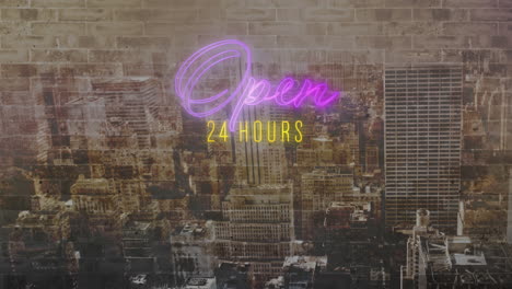 open 24 hours sign in purple and yellow neon on cityscape