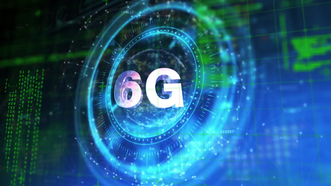 Animation of futuristic 6G technology with digital interface and glowing blue elements