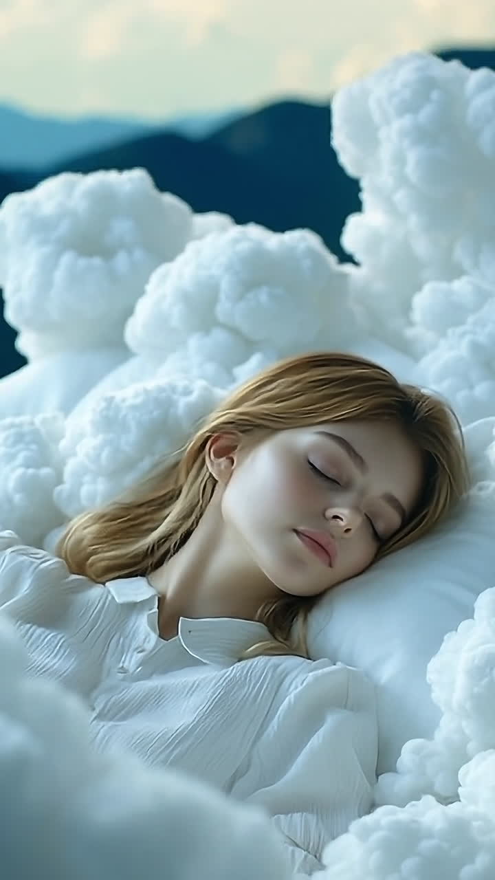 Dreaming on soft, fluffy clouds. A young woman peacefully sleeps on a fluffy cloud bed, surrounded by soft, white clouds and mountains in the background.