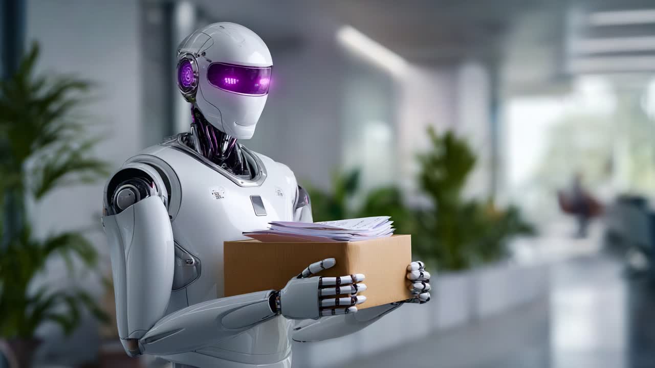 Un robot futuristico che trasporta una scatola piena di documenti in un ambiente ufficio moderno, che mostra la tecnologia avanzata e l'automazione al lavoro