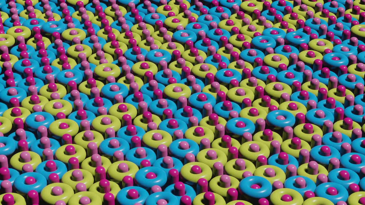 escena de renderización 3d abstracta con toros y cilindros multicolores animados. bucle sin costuras gráfico de movimiento moderno y satisfactorio