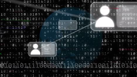animación de iconos digitales, codificación binaria y procesamiento de datos