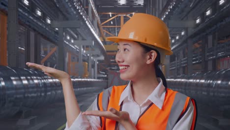 close up of asian female engineer with safety helmet smiling and pointing to side while standing with metal pipes