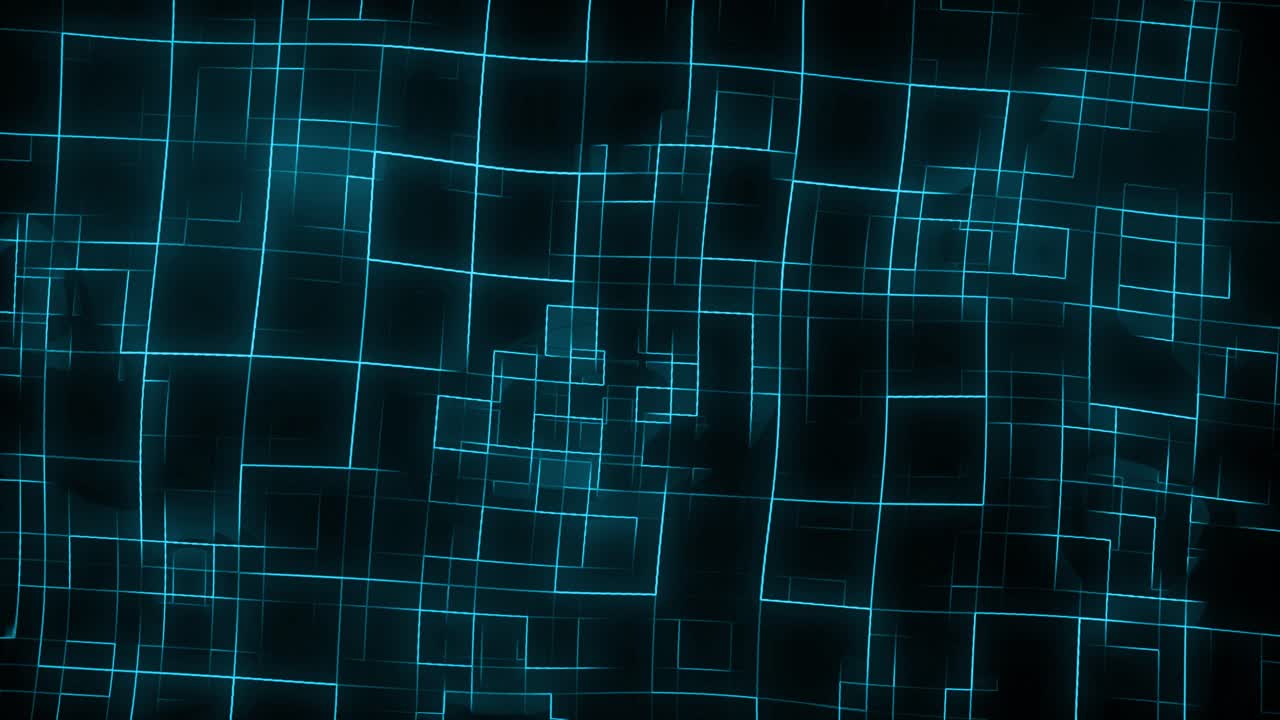 Glowing neon line work with rotating squares animation on dark gradient background dynamic motion graphics and visual effects seamless modern design lighting movement colours blue aqua