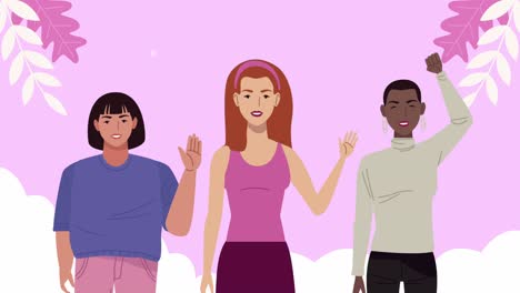 animación del día feliz de la mujer con chicas interraciales y hojas