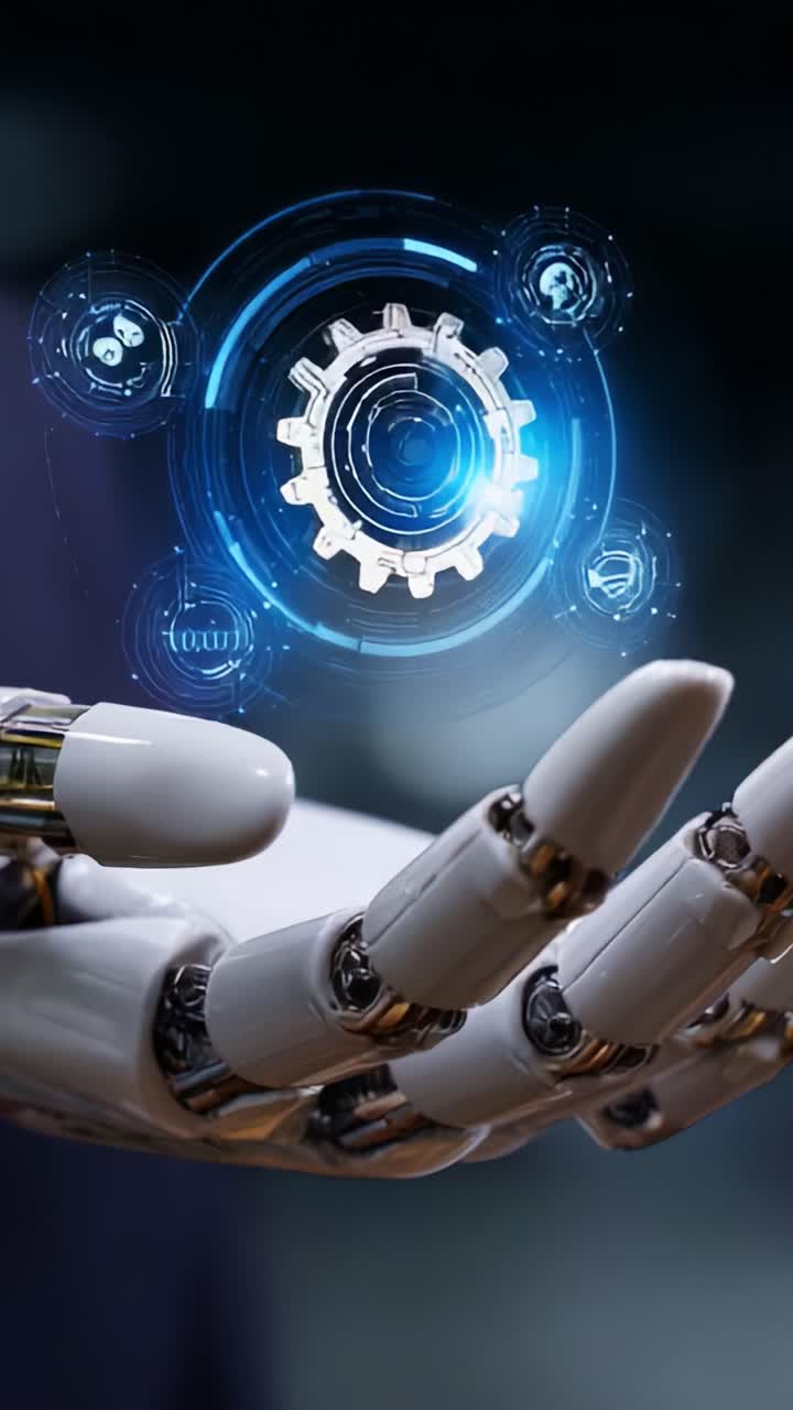 Una mano robotica futuristica che tiene in mano un'icona a forma di ingranaggio luminoso, che rappresenta la tecnologia avanzata e l'automazione nelle moderne innovazioni ingegneristiche e robotiche