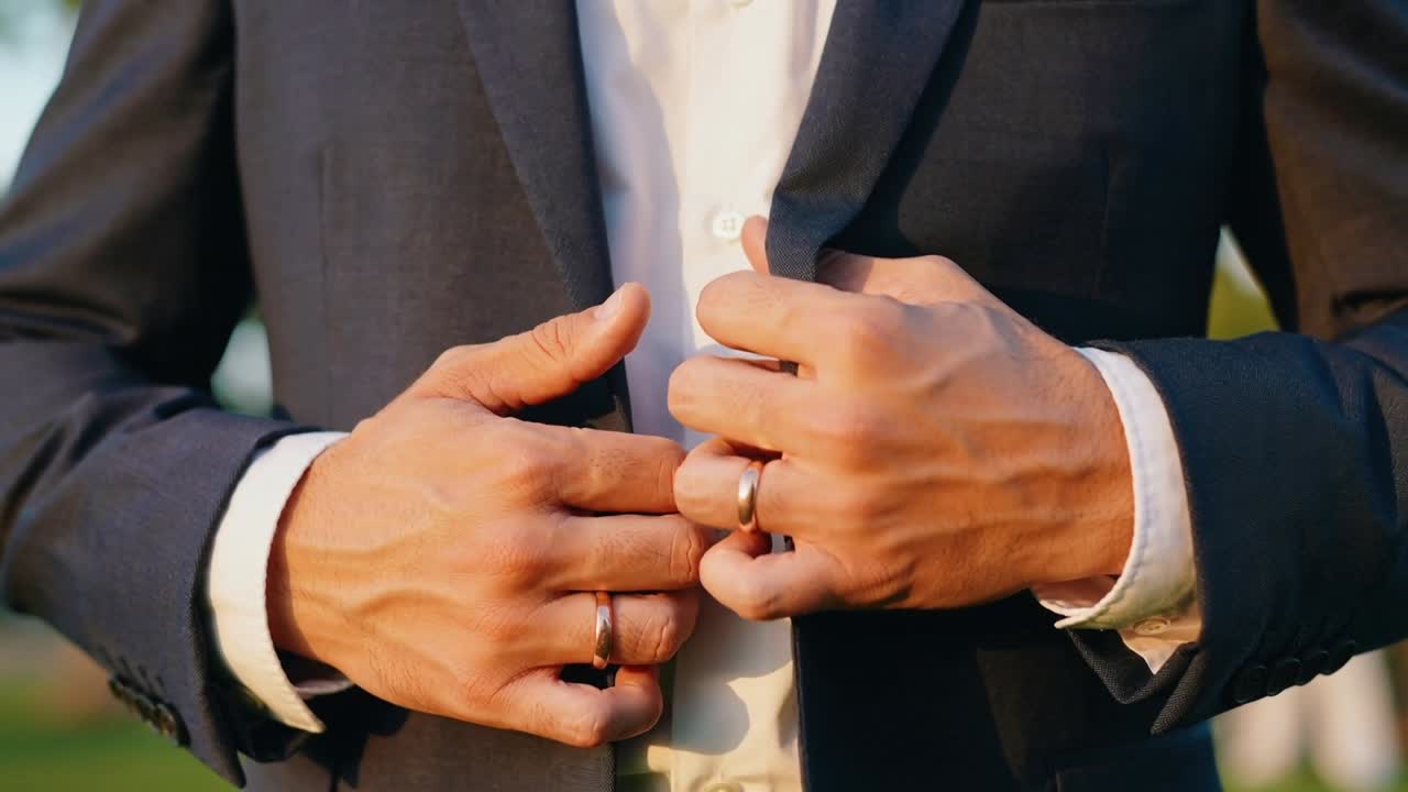 Fixing man in dark suit and white shirt before ceremony at garden, fastening buttons with rings
