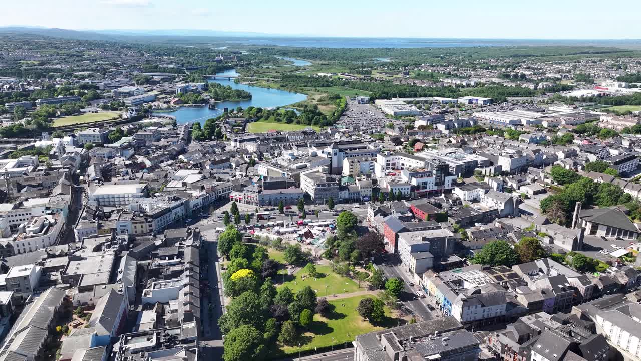 Galway, Ireland. Birds eye view of Eyre Square and vibrant city centre. Sunny day