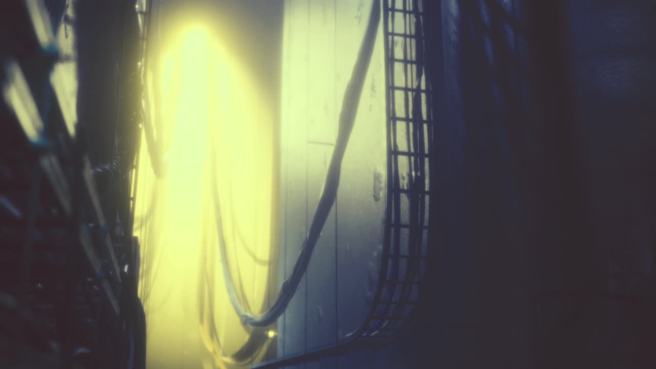 Corredor misterioso iluminado por uma suave luz amarela em um ambiente industrial