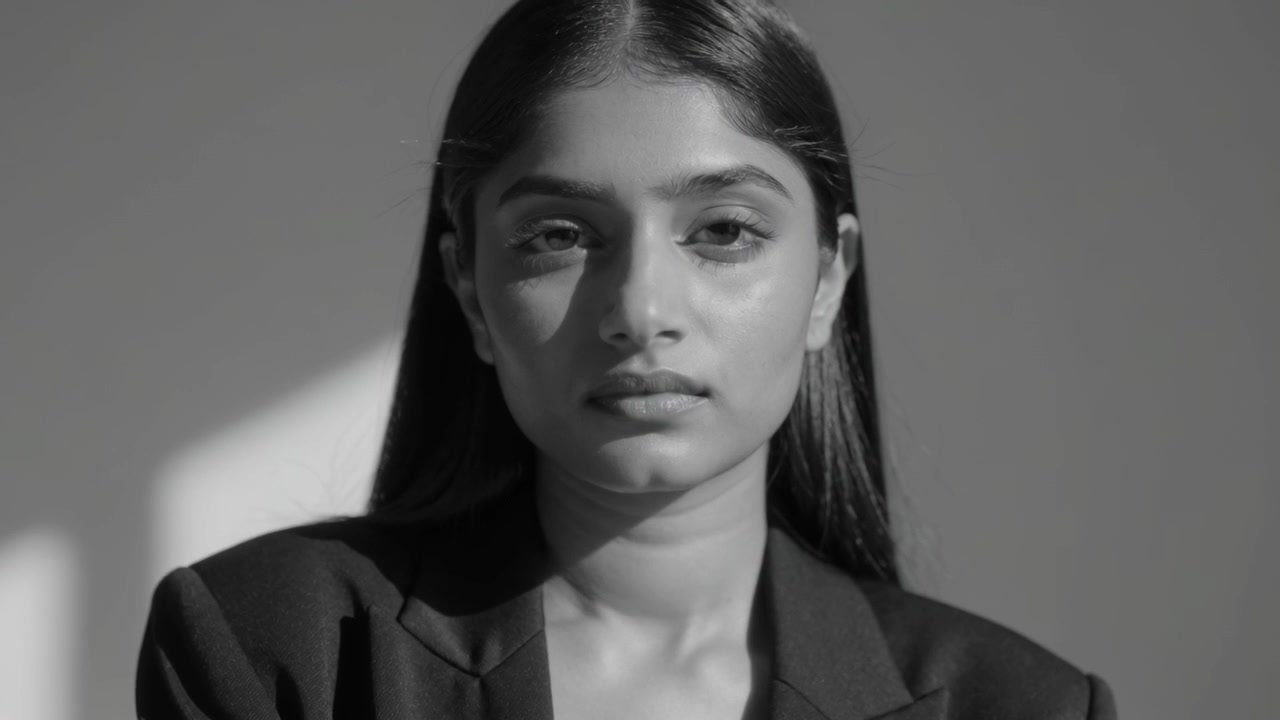 Facing camera model holding pose for portrait camera closing in showing dark blazer light patch