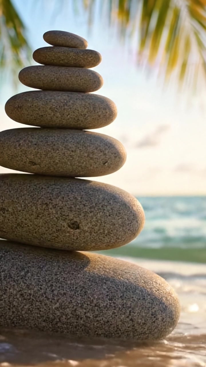 Serenità ed equilibrio: una tranquilla pila di pietre in riva al mare, che cattura l'essenza della natura e della pace in mezzo a un paesaggio marino calmo.