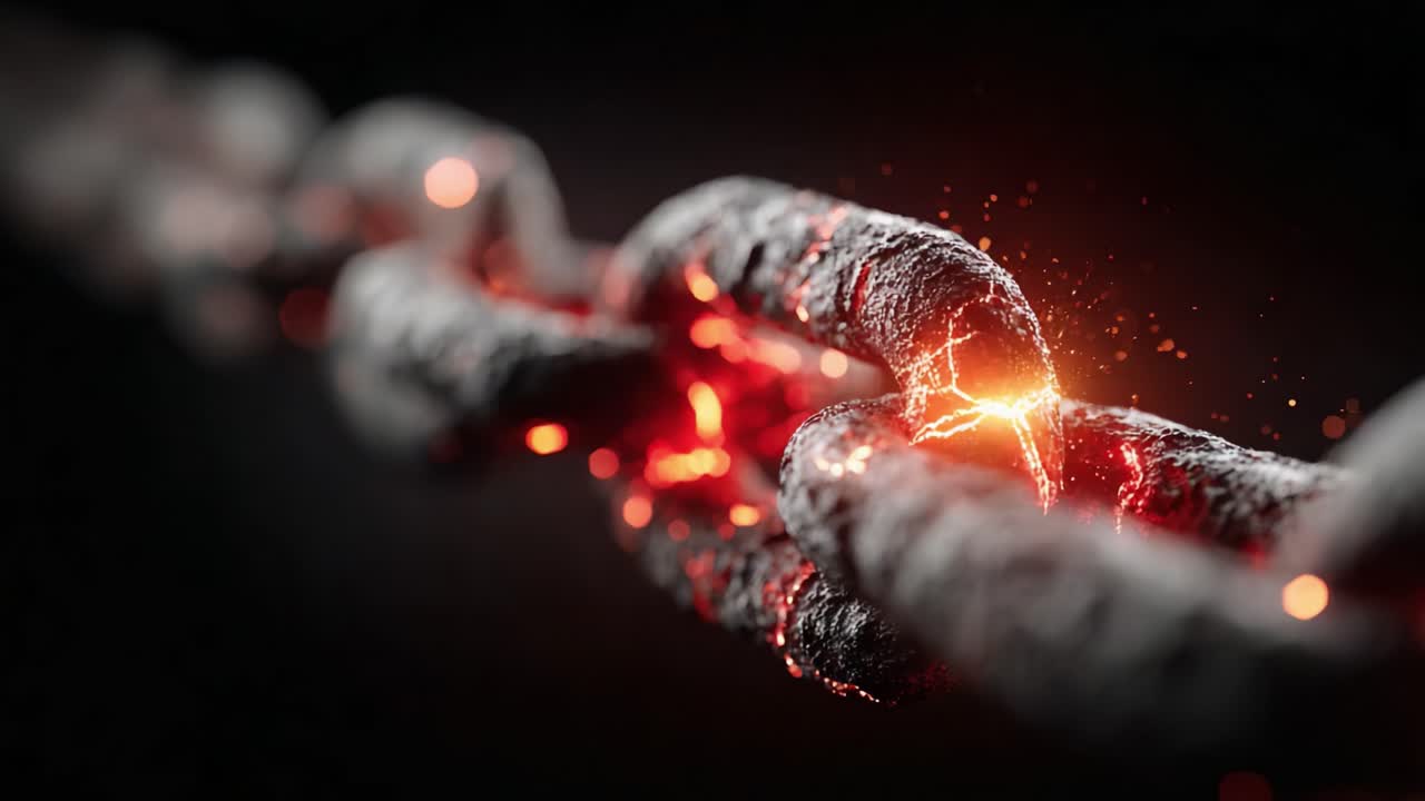 An intense close-up of a chain link, showcasing a glowing fracture with fiery sparks; symbolizing strength and vulnerability in the face of stress and tension