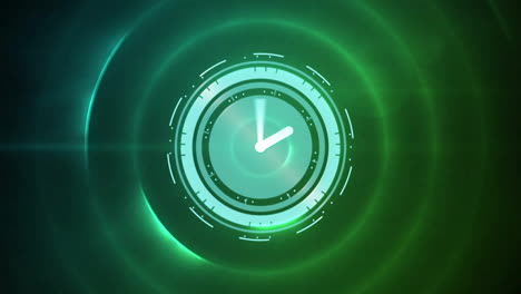 animation of moving clock over green circles on black background