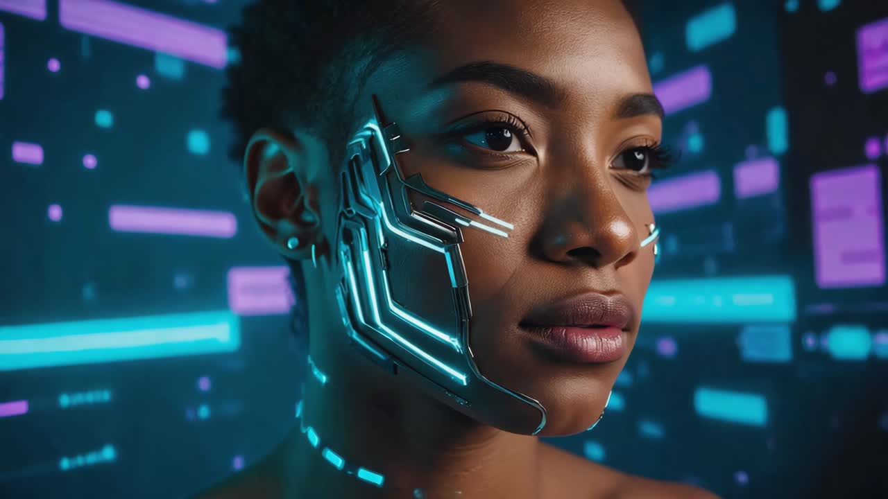 Cybernetic Woman in Futuristic Digital Setting