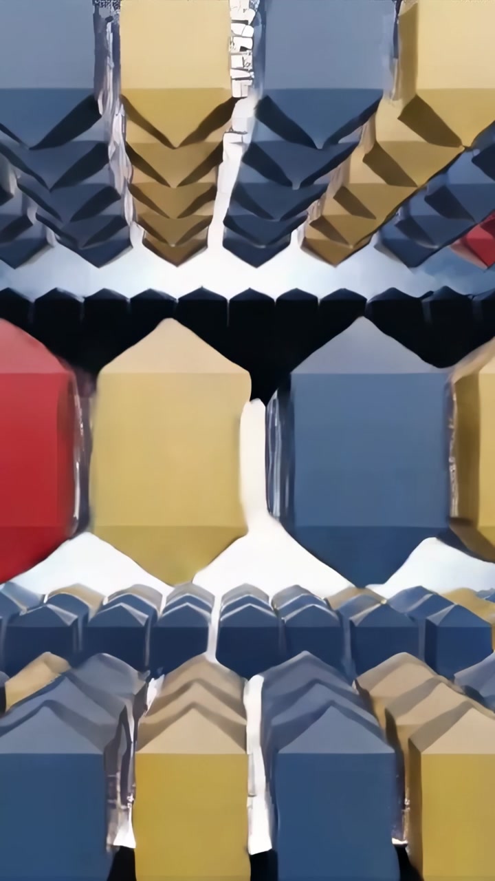 Vertical video: Panning camera revealing central red prism in abstract render, with shiny prisms