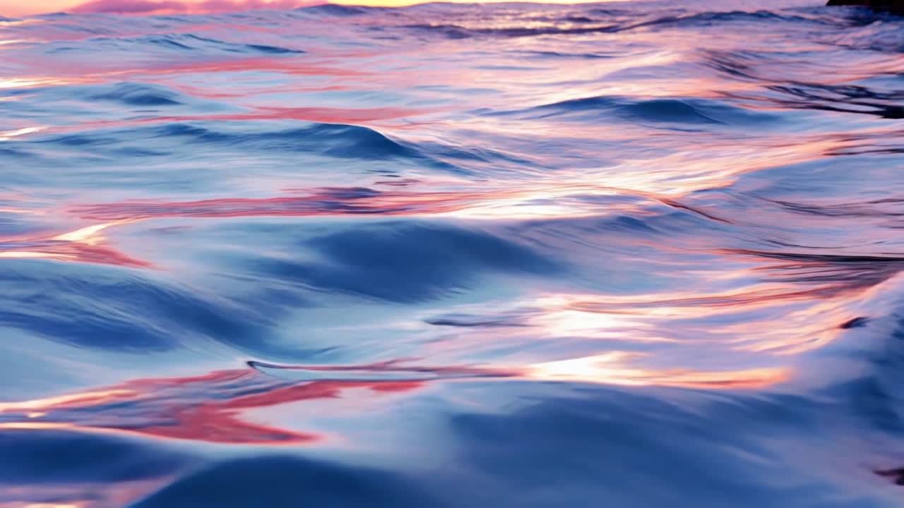 A mesmerizing close-up video of ocean waves at sunset, capturing the vibrant pink and blue hues