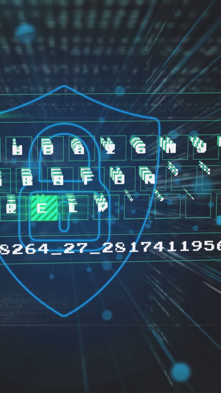 анимация обработки данных и щит на черном фоне