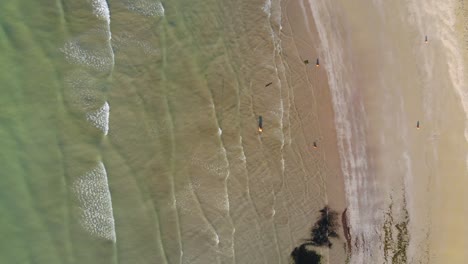 alta vista aérea de arriba hacia abajo de las olas rompiendo en la playa, gente en el agua, volar sobre el embarcadero y la playa