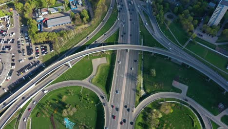 aerial view of a freeway intersection traffic trails in moscow.