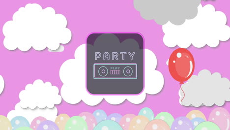 animación de texto de fiesta y grabadora de cinta retro sobre nubes y globo sobre fondo rosa