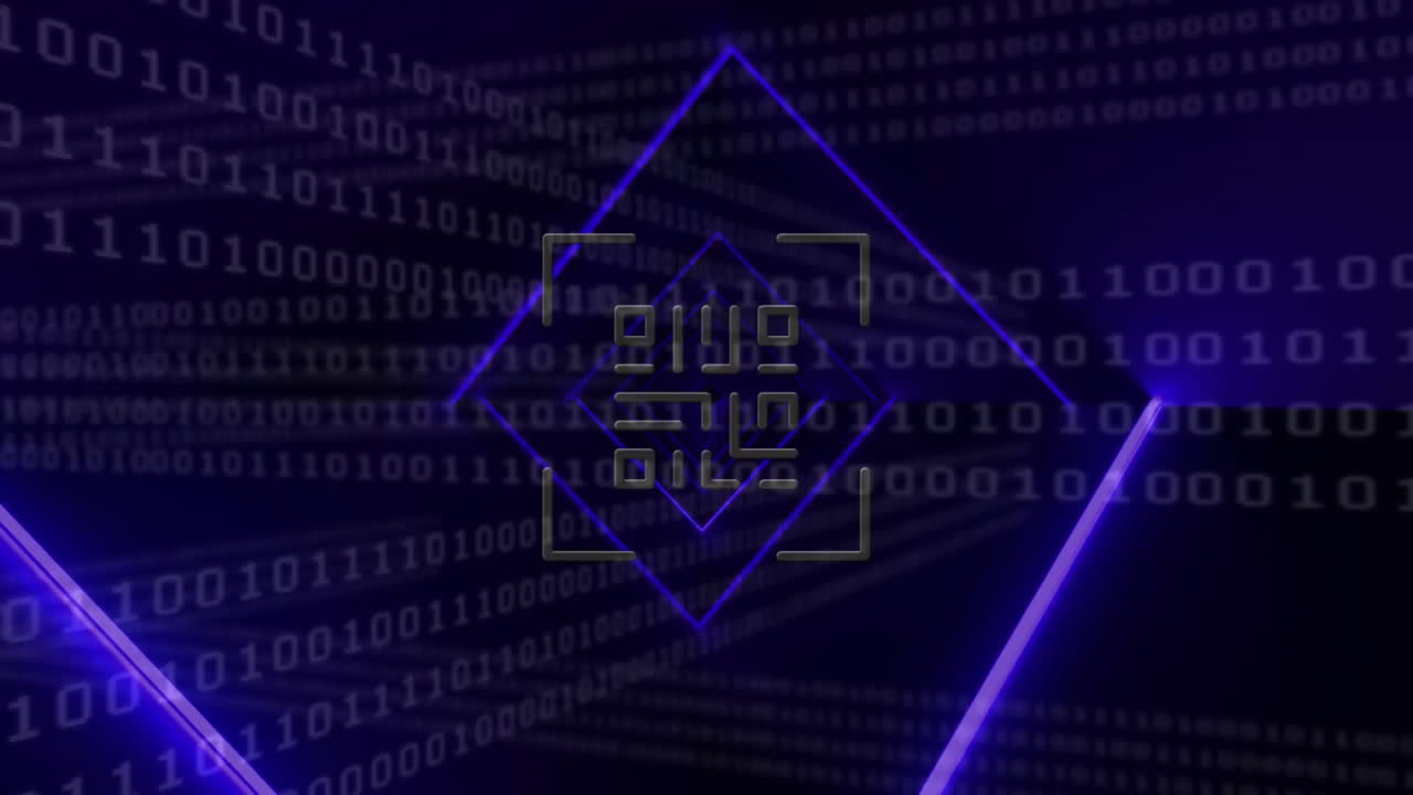 Animation of qr code and binary coding data processing over glowing neon lines