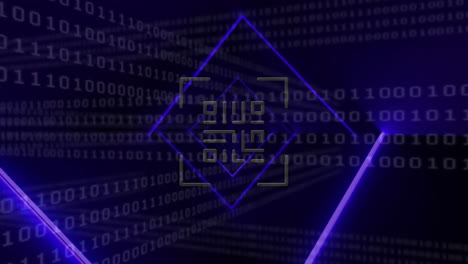 animazione del codice qr e elaborazione dei dati in codifica binaria su linee luminose al neon