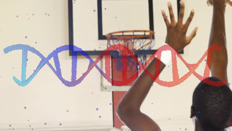 dna strand animation over basketball player shooting towards hoop