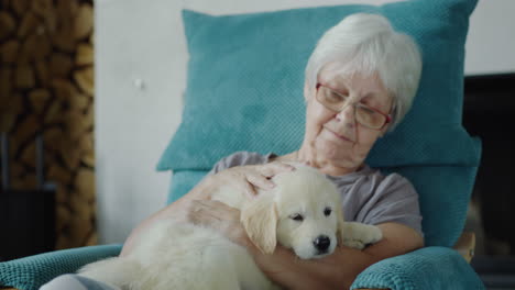 Senior-woman-is-resting-in-a-chair-with-a-puppy-in-her-arms.-Home-comfort-and-secure-old-age