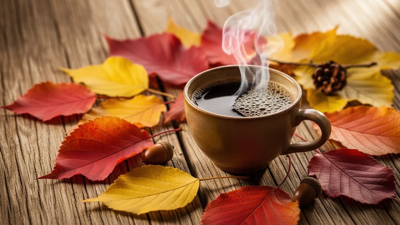 A Tranquil Autumn Scene Featuring a Steaming Cup of Coffee Surrounded by Colorful Fall Leaves, Creating a Cozy and Inviting Atmosphere Perfect for Relaxation