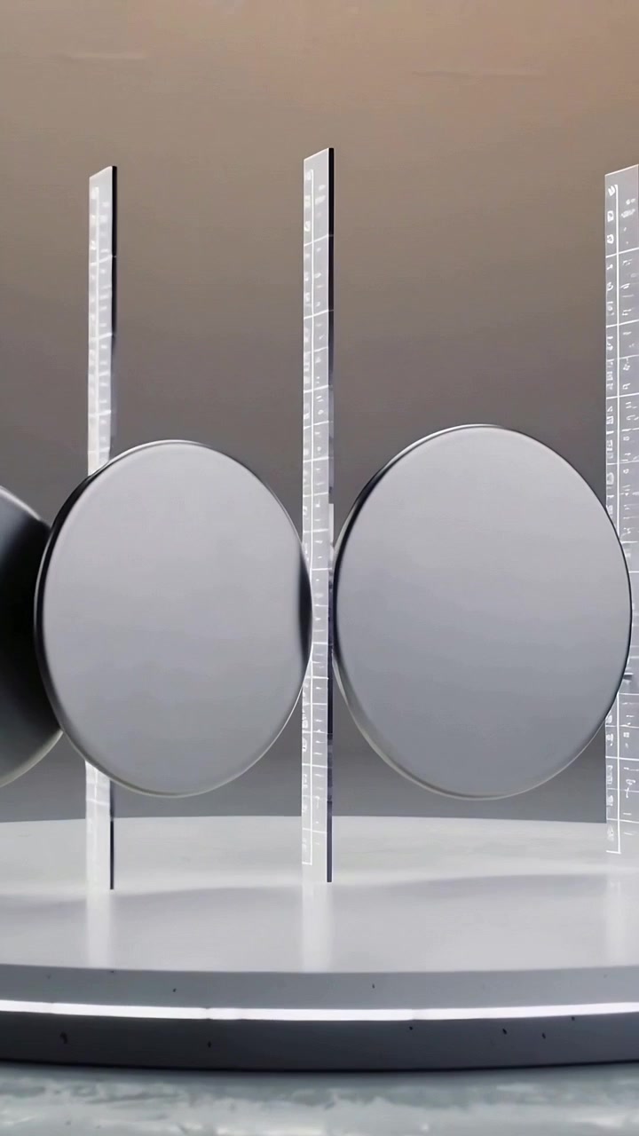 Vídeo vertical: Painéis transparentes fazendo dois discos cinzas se moverem em uma base com borda, inserindo entre os discos.