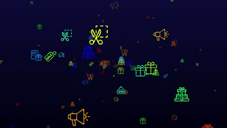 black friday sale. neon icons background. seamless pattern. loop animation. small, multicolored icons, illustrations or logos appear, fly slowly on black backdrop