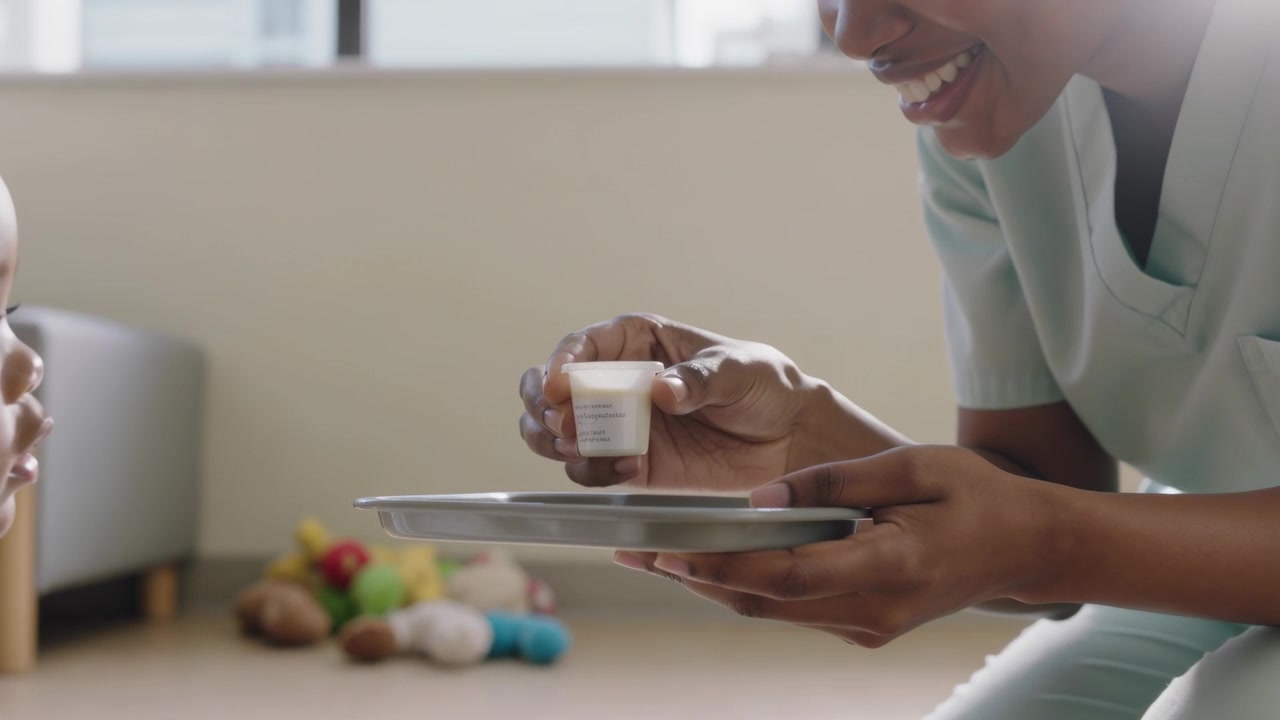 Kneeling caregiver in scrubs tilting cup on tray in playroom, offering sample as toddler reaching