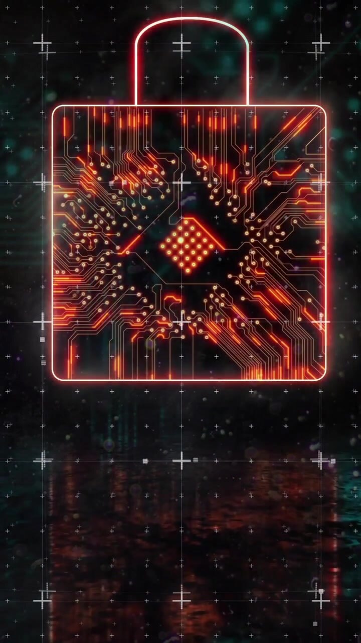 Digital padlock and circuit board, cybersecurity animation over futuristic background
