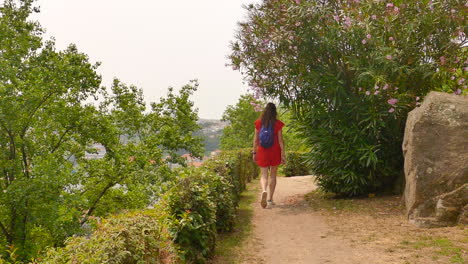 parte trasera de una turista caminando por el camino en el parque de las virtudes en oporto, portugal