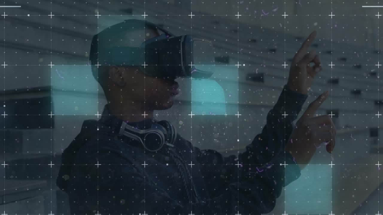 Light trails over grid network against african american man wearing vr headset at office