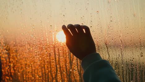 sad person reaches hand to red sun behind wet window closeup palm silhouette on glass with raindrop