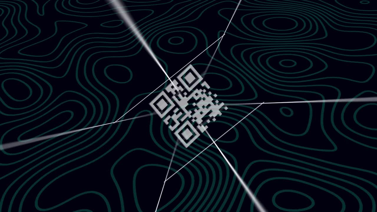 Animation of qr code rotating on black background with isohypses