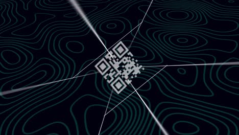 Animation-Von-QR-Code,-Der-Auf-Schwarzem-Hintergrund-Mit-Isohypsen-Rotiert