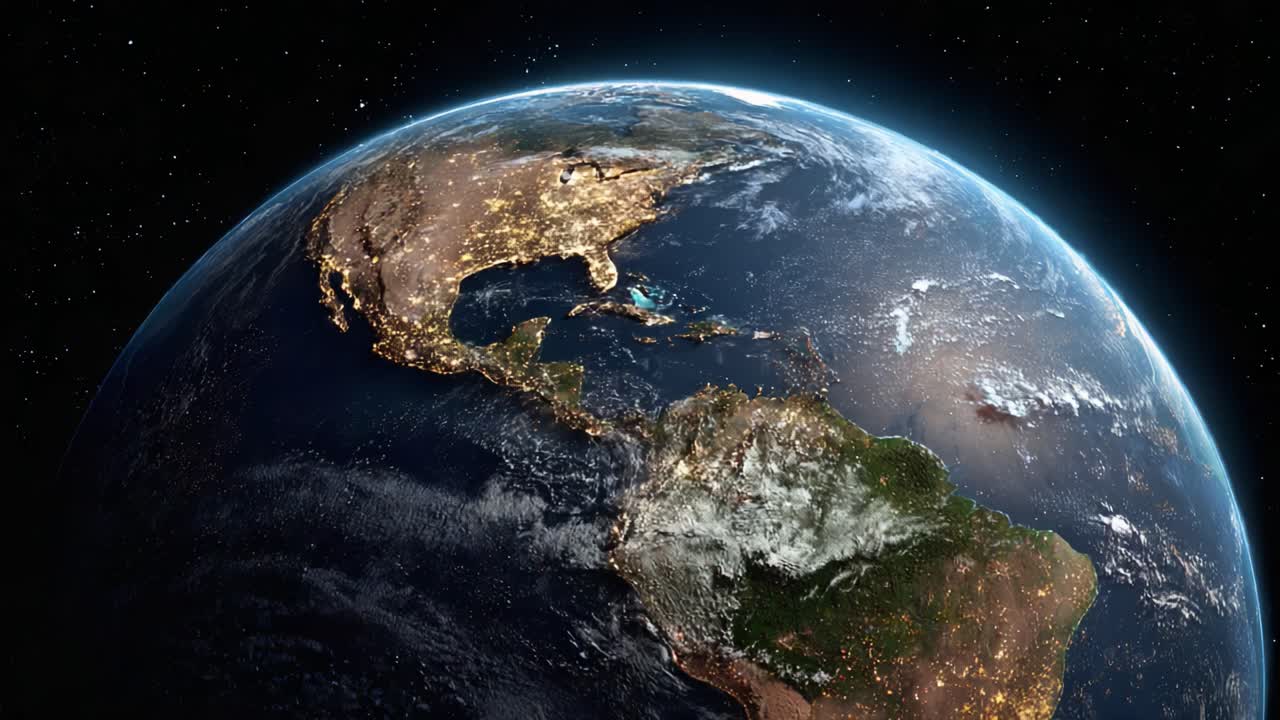 A Stunning View of Earth from Space Showcasing the Vibrant Lights of Cities and Natural Landscapes Across the Continents Under the Dark, Starry Sky