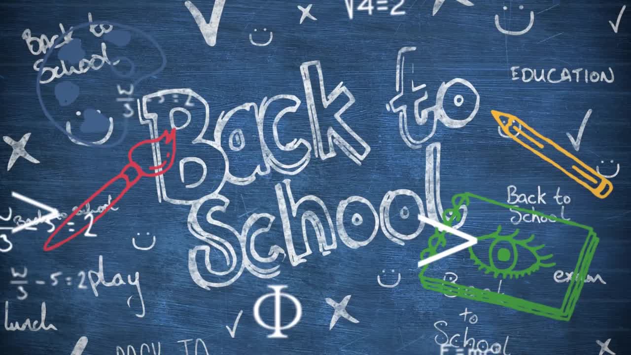 수학적 기호와 방정식이 학교 텍스트와 학교 개념 아이콘에 대해 떠다니고 있습니다.