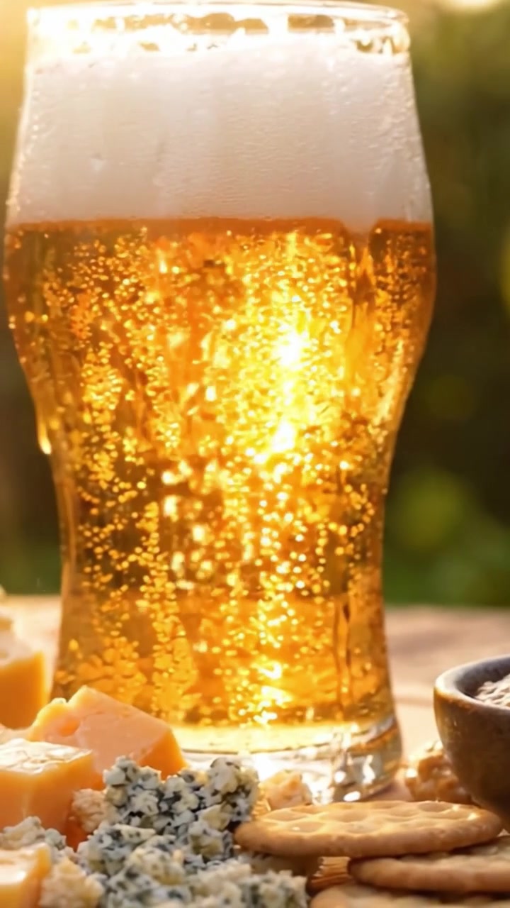 完美搭配：阳光户外，金黄啤酒与各式美味奶酪、香脆饼干的绝妙组合