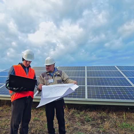 solar panels installation. two workers on the background of blue photovoltaic panel. engineers in hard hat looking into the laptop and scheme plan on a solar farm.
