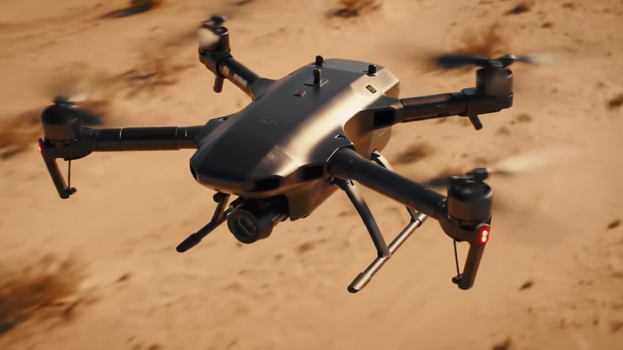 Aerial Technology: Enhanced Drone in Flight Over Sandy Terrain Showcasing Advanced Features and Design for Unmatched Performance in Exploration and Filming