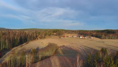 imágenes de drones acercándose a un campo y una granja en suecia