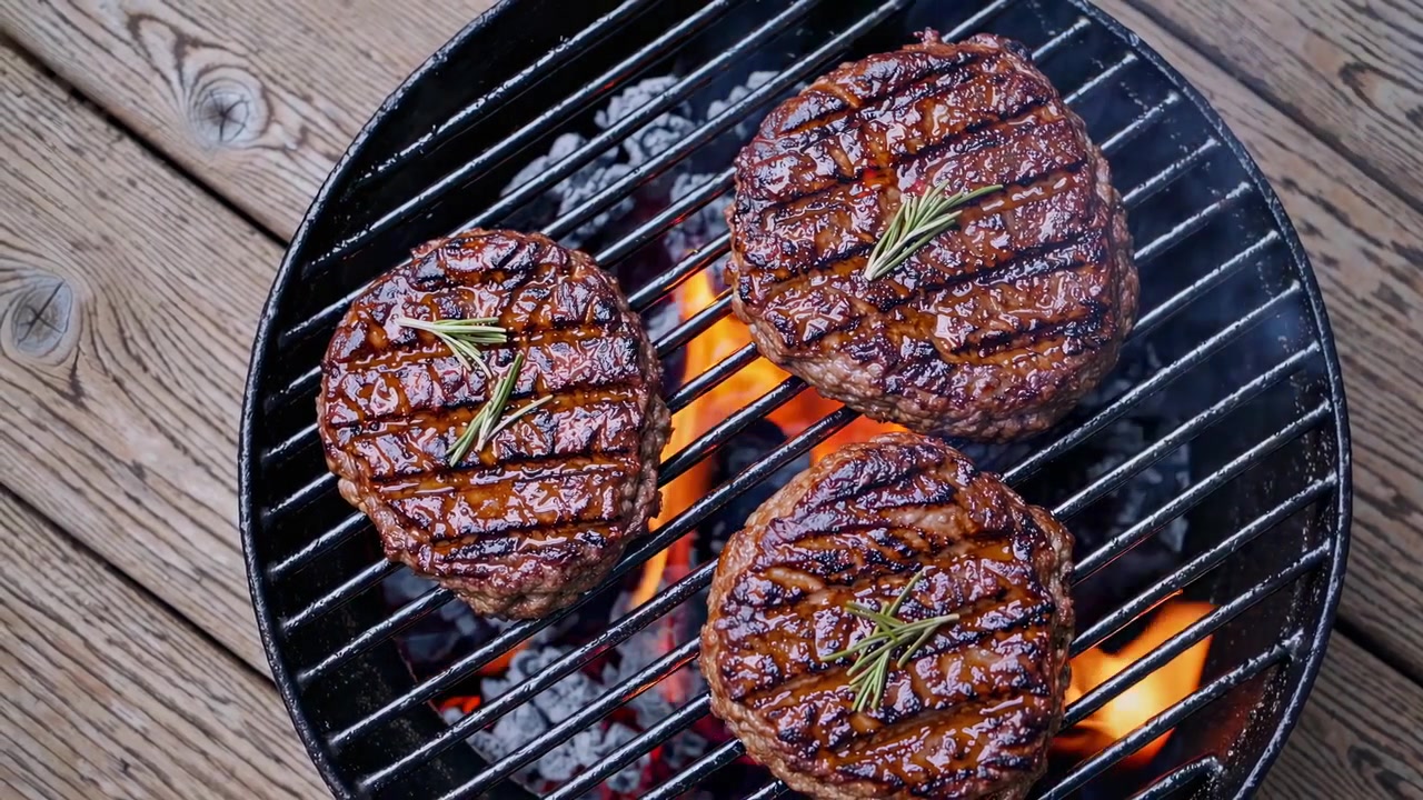 Tre hamburger di manzo che grigliano su fiamme vive