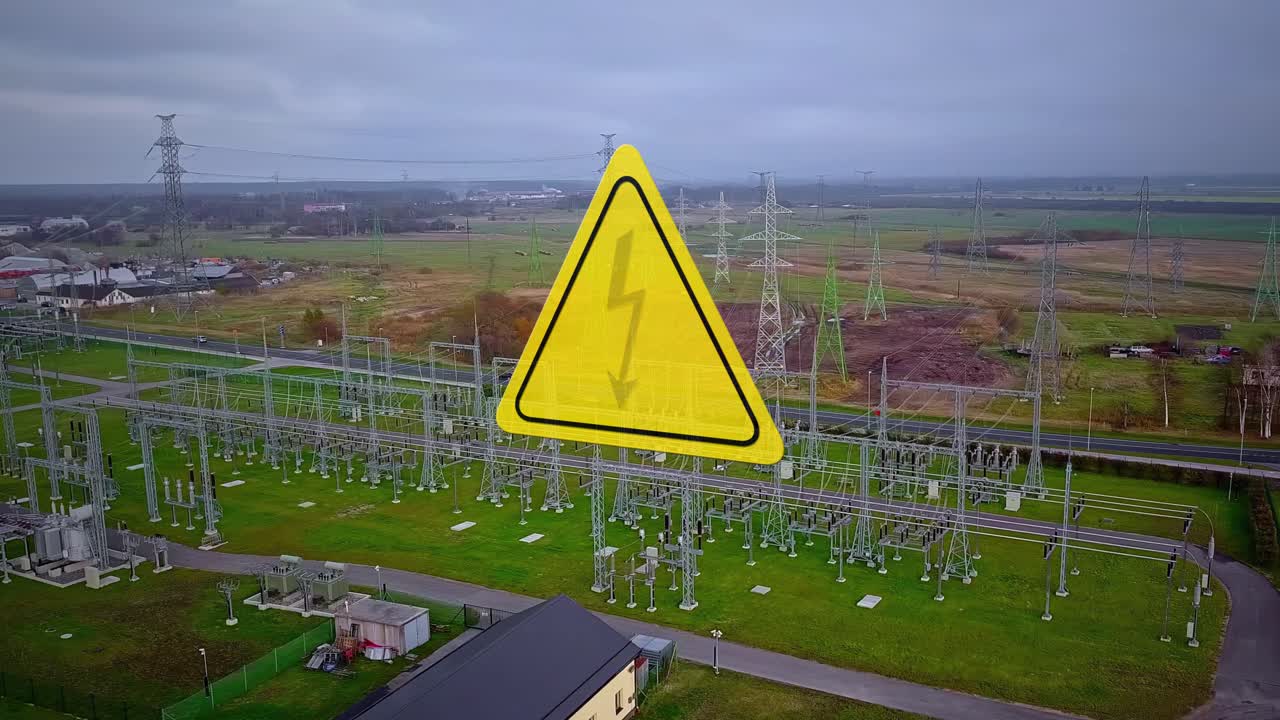 Electrical power station with lines, transformers, and high-voltage warning sign