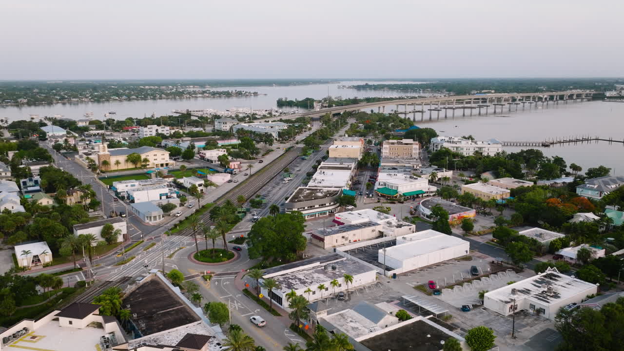 Downtown Stuart Florida Sunrise With Roosevelt Bridge Drone Circling Left