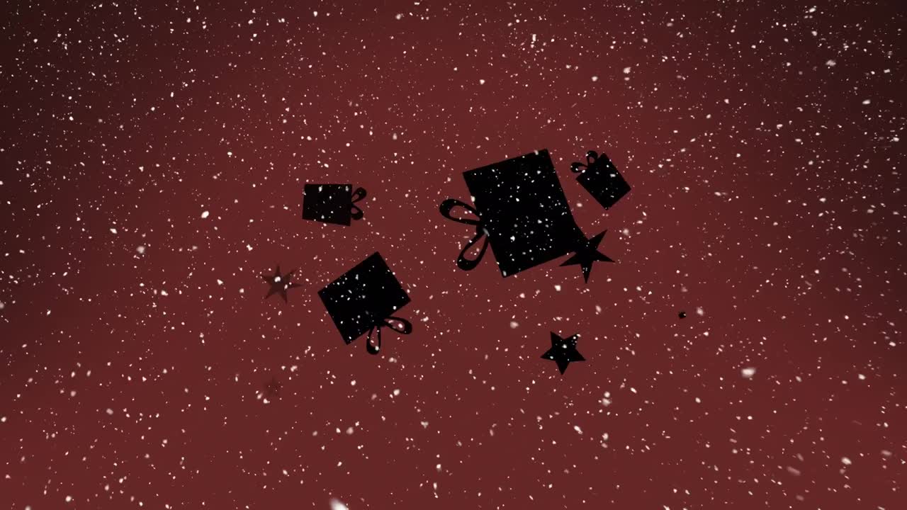 ⁇ 은 배경 에 여러 개의 선물 상자 와 별 아이콘 의 실루 ⁇  위 에 눈 이 내리고 있다